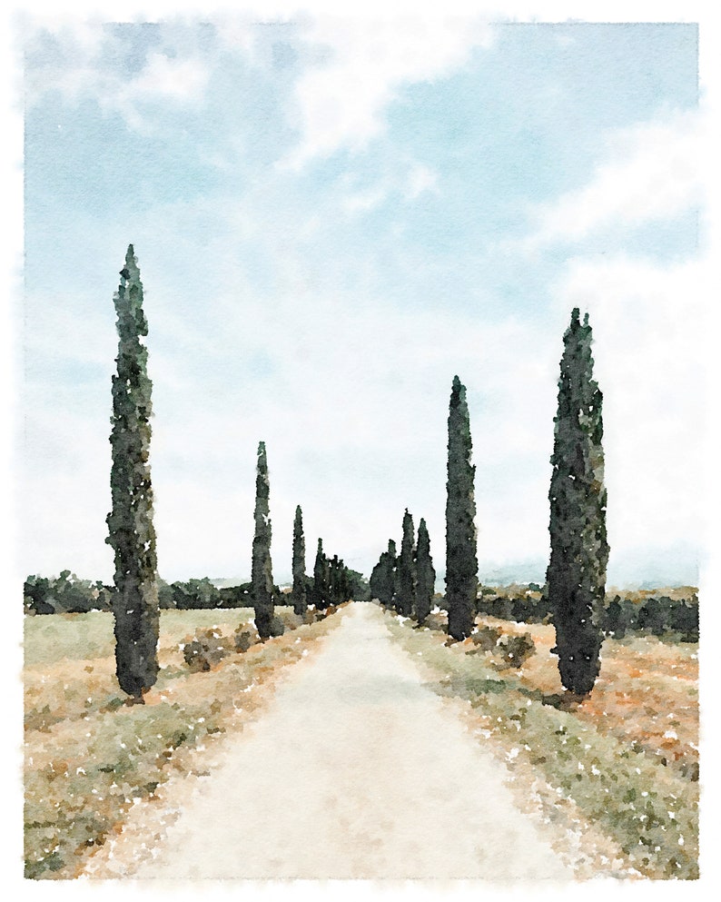 K&ouml;nnte beinhalten: Ein Aquarellbild eines unbefestigten Weges, der von hohen, schlanken Zypressen ges&auml;umt ist. Der Weg f&uuml;hrt zu einem fernen Horizont unter einem hellblauen Himmel mit wei&szlig;en Wolken.