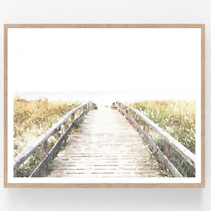 Camino de madera a la playa Arte mural en acuarela Impresión digital de playa, Pintura de muelle, Póster fotográfico neutro grande de 16 x 20 y 18 x 24