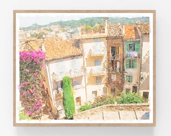 May include: A watercolor painting of a row of colorful buildings with terracotta roofs and pink flowers in the foreground. The buildings are painted in a light, airy style, with a soft, dreamy feel.