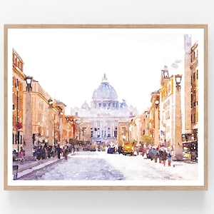 Roma, Italia, Vaticano, Street View, Acquerello, Paesaggio urbano, Stampa artistica da parete, Stampa digitale, Fotografia, Dipinto 5x7, 8x10, 11x14, 16x20, 18x24