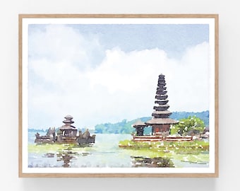 Bali Indonesia Watercolor Wall Art Digital Download Print, Lake Wall Art Temple Photography Indonesian Pagoda 5x7, 8x10, 11x14, 16x20, 18x24