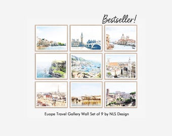 Set of 9 Watercolor Europe Travel Paintings Digital Download, Iconic Cities Wanderlust Decor European Cityscapes Wall Art Prints 8x10, 11x14