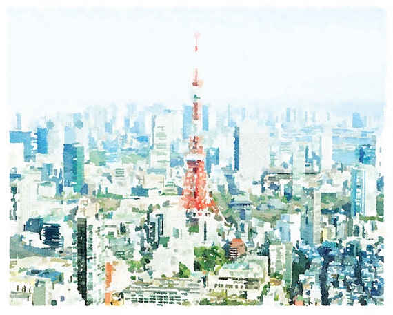 Tokyo Japan City Wall Art Watercolor Painting Digital