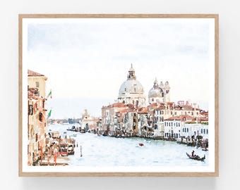 Puede incluir: Una pintura de acuarela de un canal en Venecia, Italia. La pintura presenta una vista del Gran Canal con edificios que bordean los lados, incluida la Basílica de San Marcos. El agua es de color azul claro y el cielo es de un gris pálido.