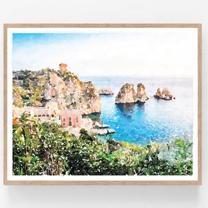 Tonnara di Scopello Sicily Italy Watercolor Print Digital Download, Landscape Painting, Coast Wall Art Decor 5x7, 8x10, 11x14, 16x20, 18x24