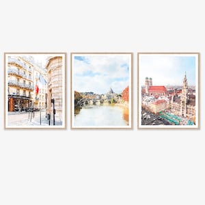 European Wall Art Gallery Set of 3 Prints Download, Watercolor Printable Paris Rome Munich Travel Paintings, Europe Prints 5x7, 8x10, 11x14