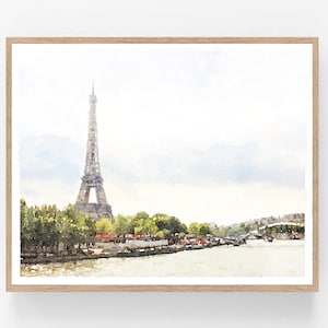 Paris Print Digital Printable Download, Watercolor Travel Wall Art, French Decor, Seine River France Painting 5x7, 8x10, 11x14, 16x20, 18x24