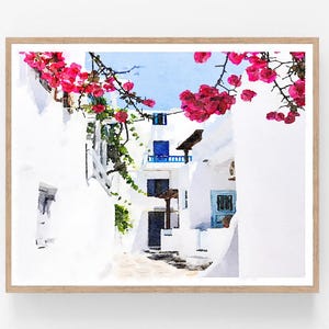 Mykonos Greece Watercolor Art, Digital Download Printable Travel Wall Art, Greek Island White Houses Flowers 5x7, 8x10, 11x14, 16x20, 18x24