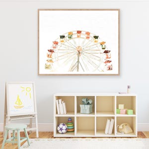 May include: A watercolor painting of a Ferris wheel with colorful gondolas against a white background. The painting is framed in a light wood frame.