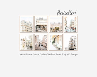 Satz von 8 Paris Frankreich Galeriedrucke, Aquarell Wandkunst Digitaler Download, Neutrale französische Fotografie, Malerei Kunstwerk, Dekor, 8x10, 11x14
