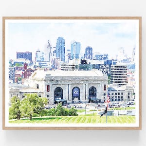Kansas City Missouri Union Station Skyline Watercolor Print Digital Download Cityscape Neutral Decor Wall Art 5x7, 8x10, 11x14, 16x20, 18x24