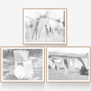 Vintage Laundry Room Art Print Set of 3 Black and White Printable Wall Art Downloadable Laundry Clothesline Wall Art 5x7, 8x10, 11x14, 16x20