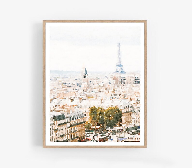 May include: A watercolor painting of the Paris skyline with the Eiffel Tower in the distance. The painting is done in soft, muted colors and features a variety of buildings and trees.