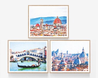 Italy Set of 3 Watercolor Wall Art Prints - Florence Venice Rome, Digital Download, European Cities, Italian Print Decor 5x7, 8x10, 11x14