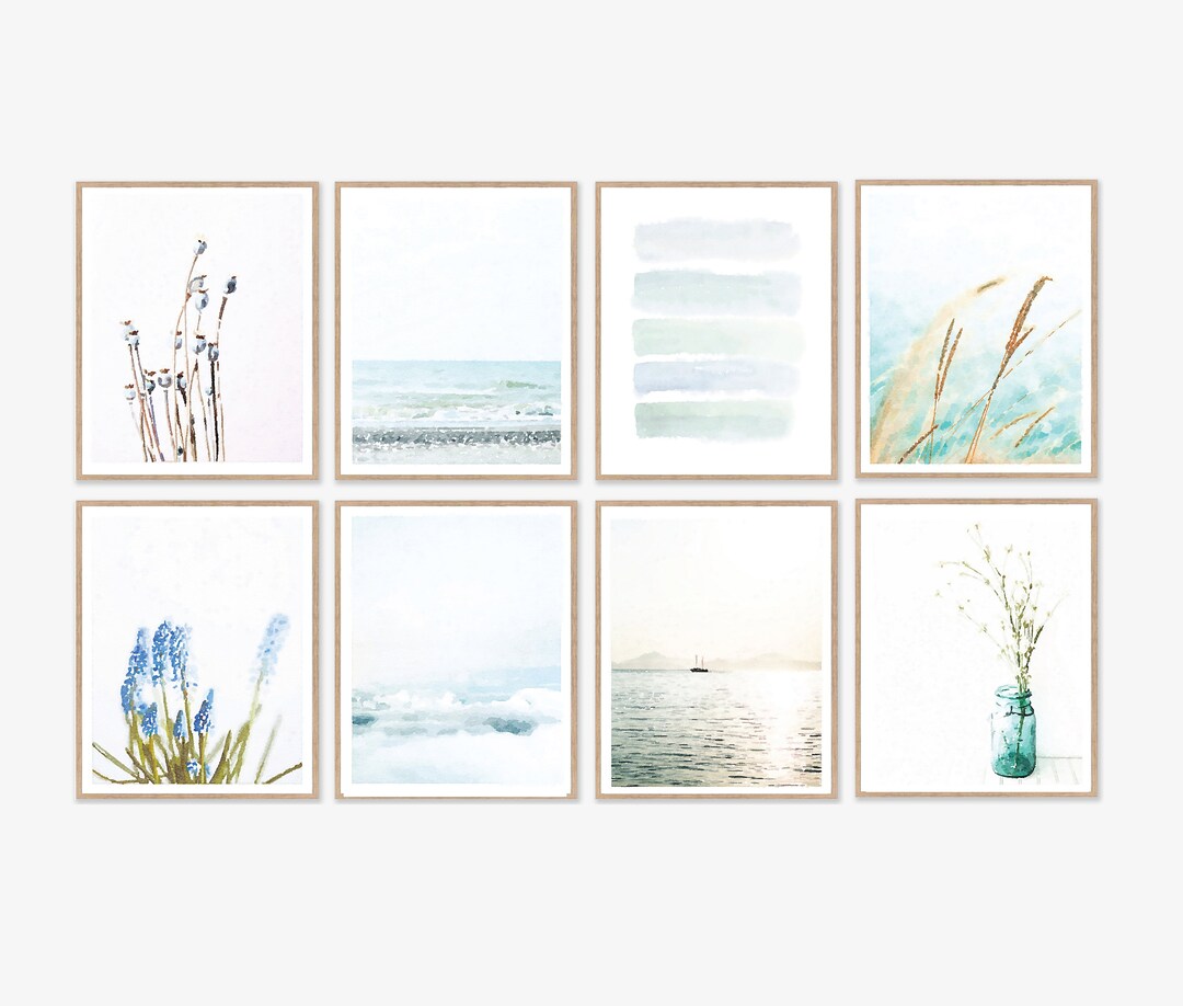 Set of 8 Blue and White Watercolor Painting Gallery Wall Set, Digital Printable, Beach Prints