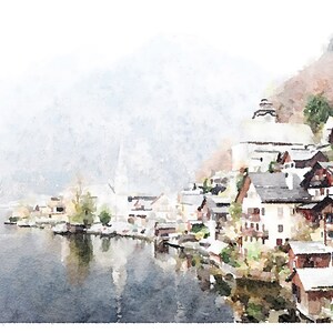 Hallstatt Austria Mountain Landscape Wall Art Watercolor Painting ...