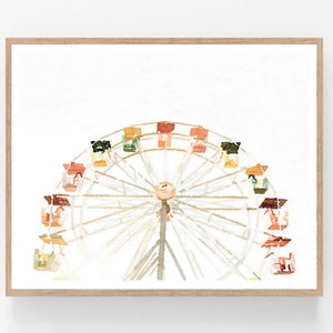 Neutral Ferris Wheel Watercolor Print, Digital Download, Carnival Photography Painting Kids Playroom Nursery 5x7, 8x10, 11x14, 16x20, 18x24