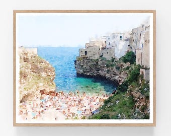 Polignano a Mare Italy Watercolor Wall Art Printable Download Lama Monachile Beach Print Italian Coastal Painting 5x7 8x10 11x14 16x20 18x24