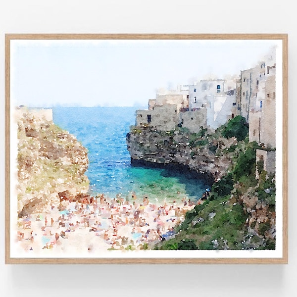 Arte de pared con acuarela de Polignano a Mare, Italia, para imprimir, descargar, impresión de playa de Lama Monachile, pintura costera italiana, 5 x 7, 8 x 10, 11 x 14, 16 x 20, 18 x 24