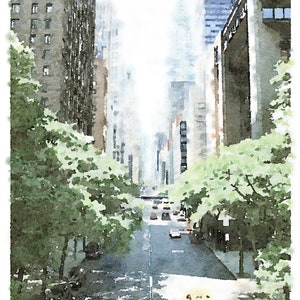 K&ouml;nnte beinhalten: Aquarellmalerei einer Stadtstra&szlig;enszene. Hohe Geb&auml;ude s&auml;umen die Stra&szlig;e, mit gr&uuml;nen B&auml;umen auf beiden Seiten. Autos und ein gelbes Taxi sind auf der Stra&szlig;e zu sehen. Der Himmel ist hell.