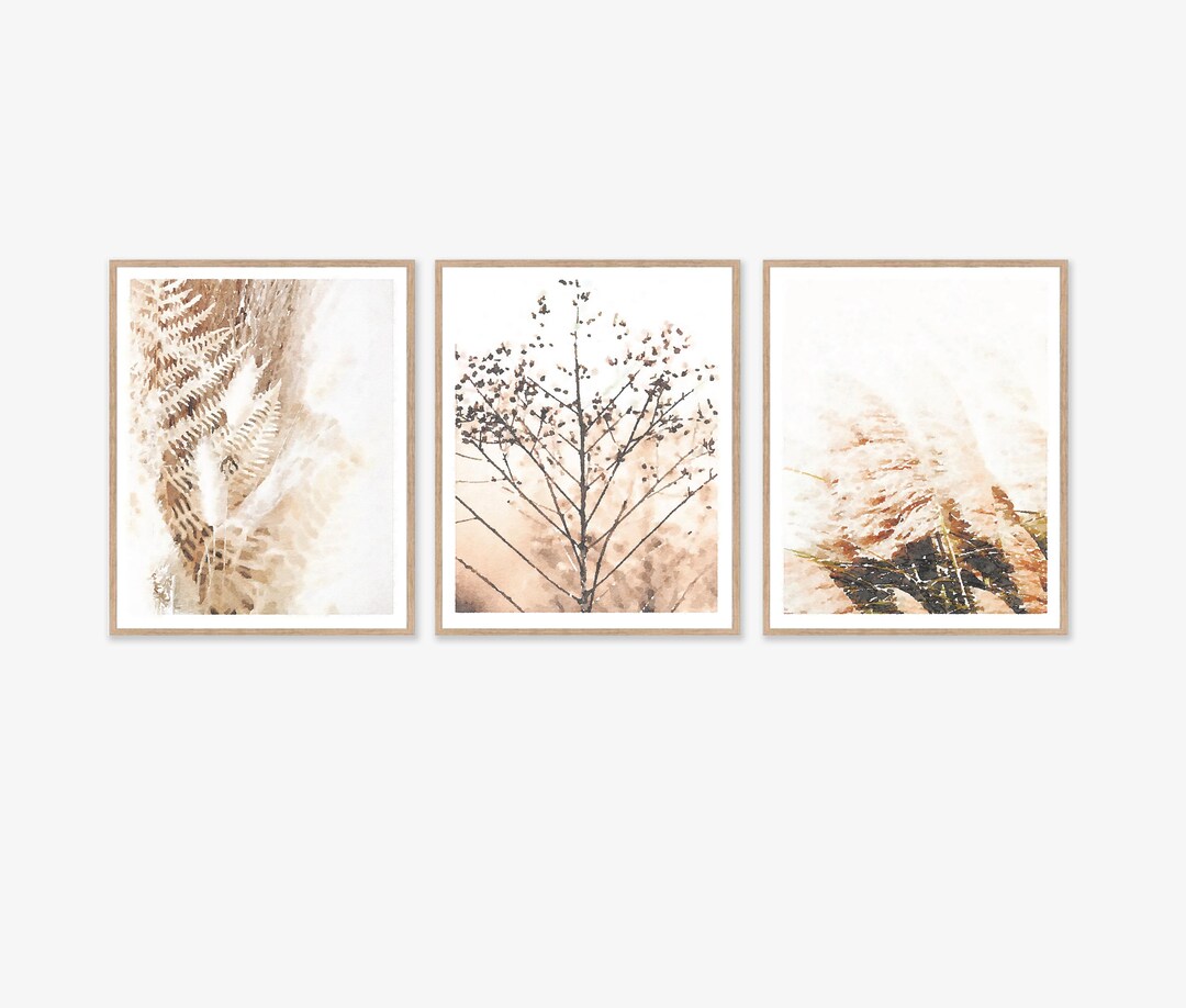 Neutral Botanical Prints Set of 3 Watercolor Wall Art, Ferns, Wheat ...