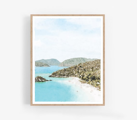 Beach Watercolor Print Digital Download, Trunk Bay St. John US Virgin Islands Peaceful Wall Art Spa Decor Art 5x7, 8x10, 11x14, 16x20, 18x24