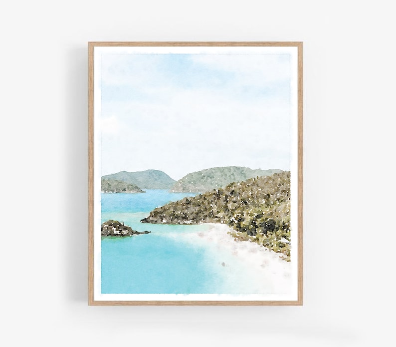 May include: A watercolor painting of a tropical island scene with a white sandy beach, turquoise water, and lush green hills in the background.