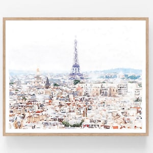 Paris France Neutral Wall Art Watercolor Print Digital Download, Cityscape Travel Painting Snow French Decor 5x7, 8x10, 11x14, 16x20 18x24. A watercolor painting of the Paris skyline with the Eiffel Tower in the center. The painting is done in soft, muted colors, with a light blue sky and white clouds. The buildings are all white and gray, with some hints of brown and orange. The Eiffel Tower is a dark gray color, with a hint of purple. The painting is framed in a light wood frame.