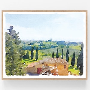 Puede incluir: Una pintura de acuarela de un paisaje toscano con una peque&ntilde;a casa, cipreses y colinas onduladas.