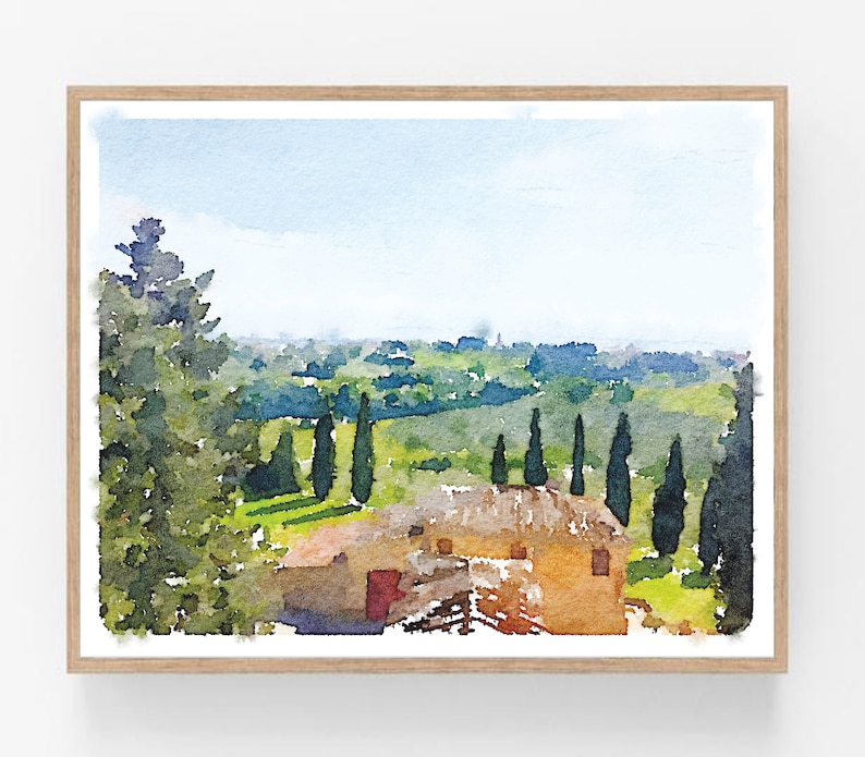 Puede incluir: Una pintura de acuarela de un paisaje toscano con una peque&ntilde;a casa, cipreses y colinas onduladas.