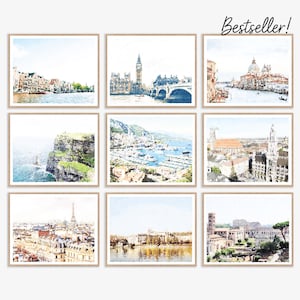 Europe Travel Gallery Wall Art Set of 9 Printables, Amsterdam, London, Venice, Ireland, Monaco, Munich, Paris, Prague, Rome, 8x10, 11x14