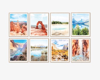 US National Parks Gallery Wall Art Set of 8 Printable Painting Downloads Bryce, Grand Canyon, Yosemite, Yellowstone, Teton, Glacier 5x7 8x10