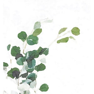 May include: Watercolor painting of a green eucalyptus branch with leaves. The branch is painted in a light green color with darker green leaves. The background is white.