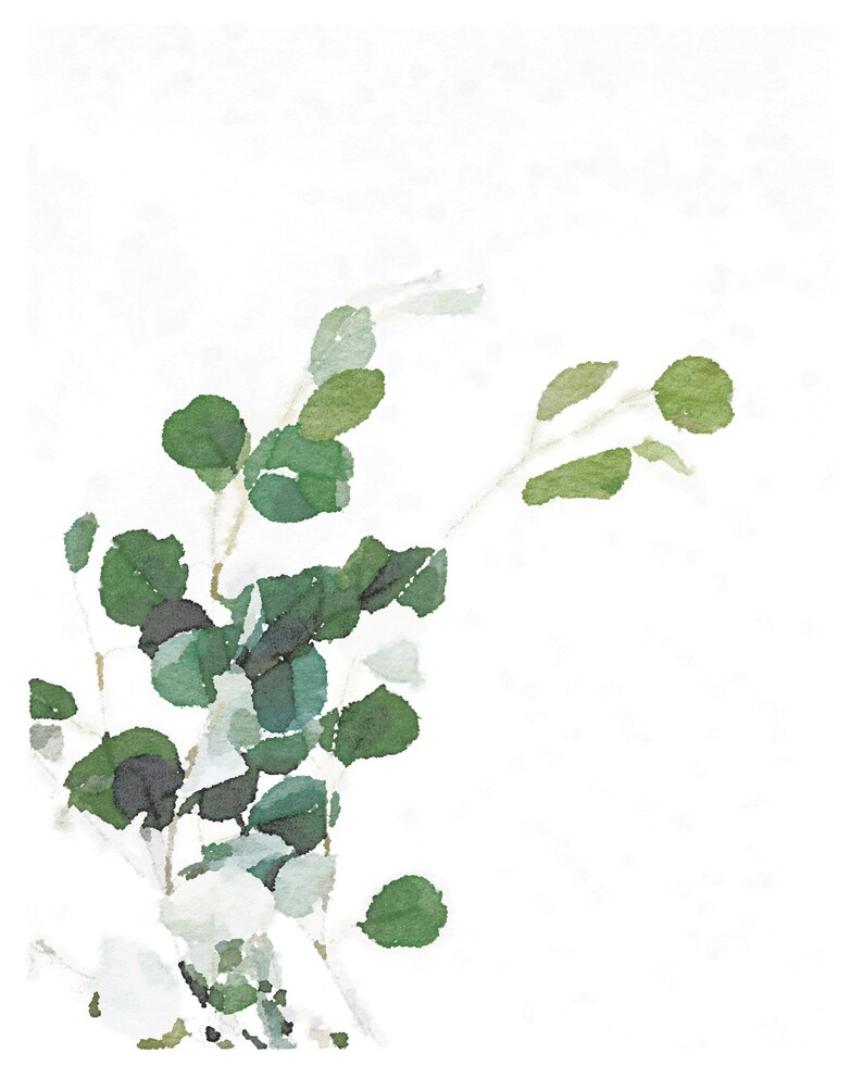 May include: Watercolor painting of a green eucalyptus branch with leaves. The branch is painted in a light green color with darker green leaves. The background is white.