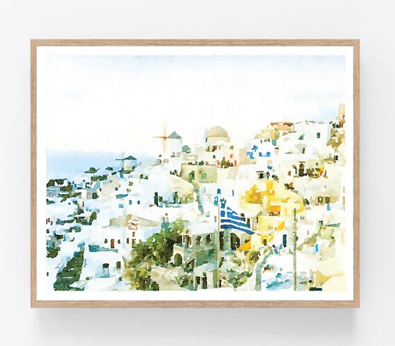 Mediterranean Ocean View Home Decor Blue and White Greek Room Decor 24x32 18x24 Inch Santorini Windmill Framed Print Greece Wall Art