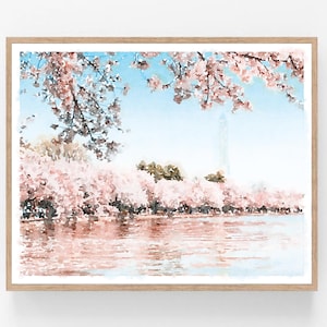 ワシントン DC 桜の木 春 壁アート 印刷可能、水彩画 ダウンロード可能 アート 旅行 アート プリント US 5x7、8x10、11x14、16x20、18x24