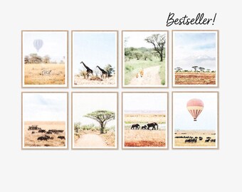 African Safari Animals Landscape Watercolor Set of 8 Gallery Wall Art Prints Digital Download Printable Travel Boy Nursery 5x7, 8x10, 11x14