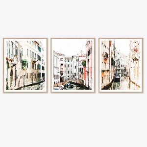 Venice Canals Set of 3 Digital Wall Art Set, Neutral Watercolor Prints, Vintage Buildings Architecture Photography Decor 5x7, 8x10, 11x14