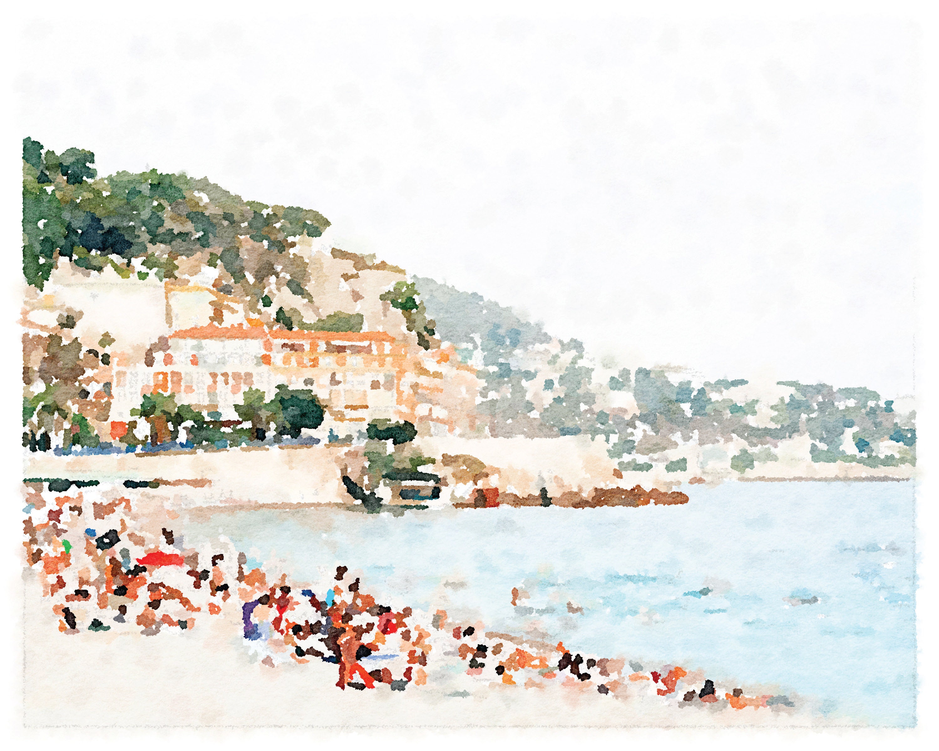 ビーチプリント、ニースフランスの水彩画ウォールアートデジタル