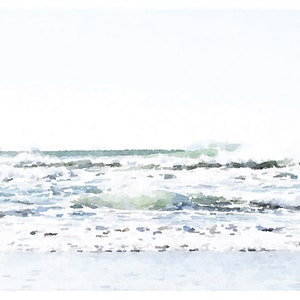May include: A watercolor painting of a seascape with white foamy waves crashing on the shore. The water is a light blue and green color, and the sky is a pale blue.