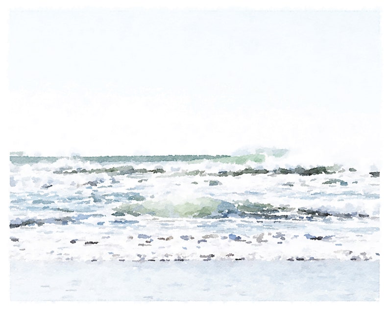 May include: A watercolor painting of a seascape with white foamy waves crashing on the shore. The water is a light blue and green color, and the sky is a pale blue.