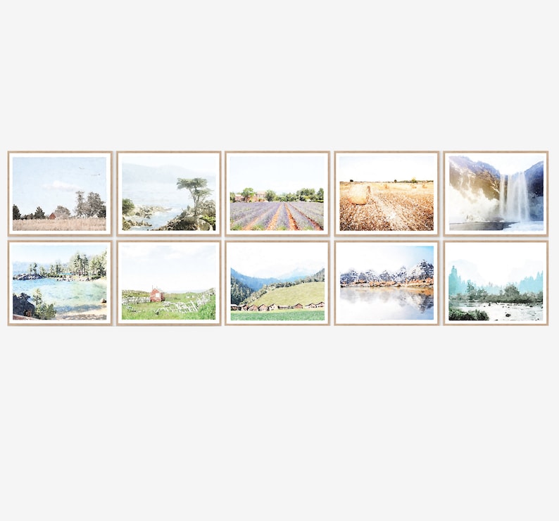 K&ouml;nnte beinhalten: Ein Set mit zehn gerahmten Aquarell-Landschaftsdrucken mit verschiedenen Szenen, darunter ein See, Berge, ein Lavendelfeld und ein Wasserfall.