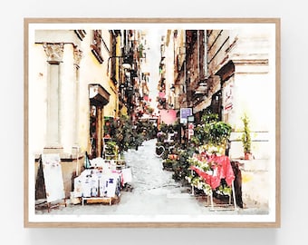 Napels Italië aquarel kunst downloaden, afdrukbare reizen muur kunst, Italiaans straatdecor, mediterrane kunstwerken 5 x 7, 8 x 10, 11 x 14, 16 x 20, 18 x 24