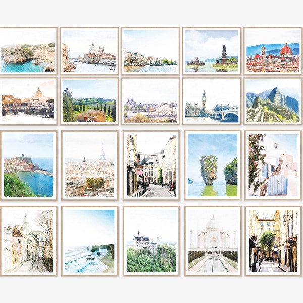 Set of 20 Travel Watercolor Wall Art Prints Digital Download Paris France Italy Greece Germany Thailand Australia Croatia, 8x10, Bestseller