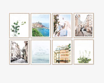 Conjunto de 8 impresiones digitales de acuarela para pared, 8x10, 11x14, con eucalipto, Cinque Terre, Santorini, París, Roma, nubes y flores.