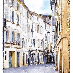 Puede incluir: Una pintura de acuarela de una calle estrecha en una ciudad europea. Los edificios son blancos con molduras marrones y tienen muchas ventanas. La calle est&aacute; vac&iacute;a y el cielo es azul.