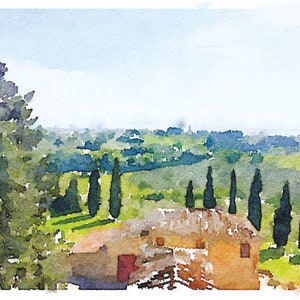 Puede incluir: Una pintura de acuarela de un paisaje rural con una peque&ntilde;a casa en primer plano. La casa tiene un techo marr&oacute;n y paredes amarillas. Hay varios &aacute;rboles altos y delgados en el fondo, y el cielo es de un azul claro.