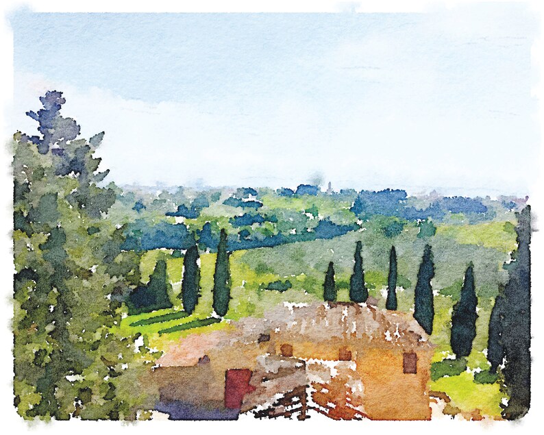 Puede incluir: Una pintura de acuarela de un paisaje rural con una peque&ntilde;a casa en primer plano. La casa tiene un techo marr&oacute;n y paredes amarillas. Hay varios &aacute;rboles altos y delgados en el fondo, y el cielo es de un azul claro.