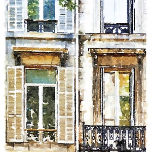 Puede incluir: Una pintura de acuarela de dos ventanas con contraventanas blancas en un edificio. Las ventanas est&aacute;n abiertas y las contraventanas est&aacute;n cerradas. El edificio est&aacute; pintado en tonos de marr&oacute;n y beige.