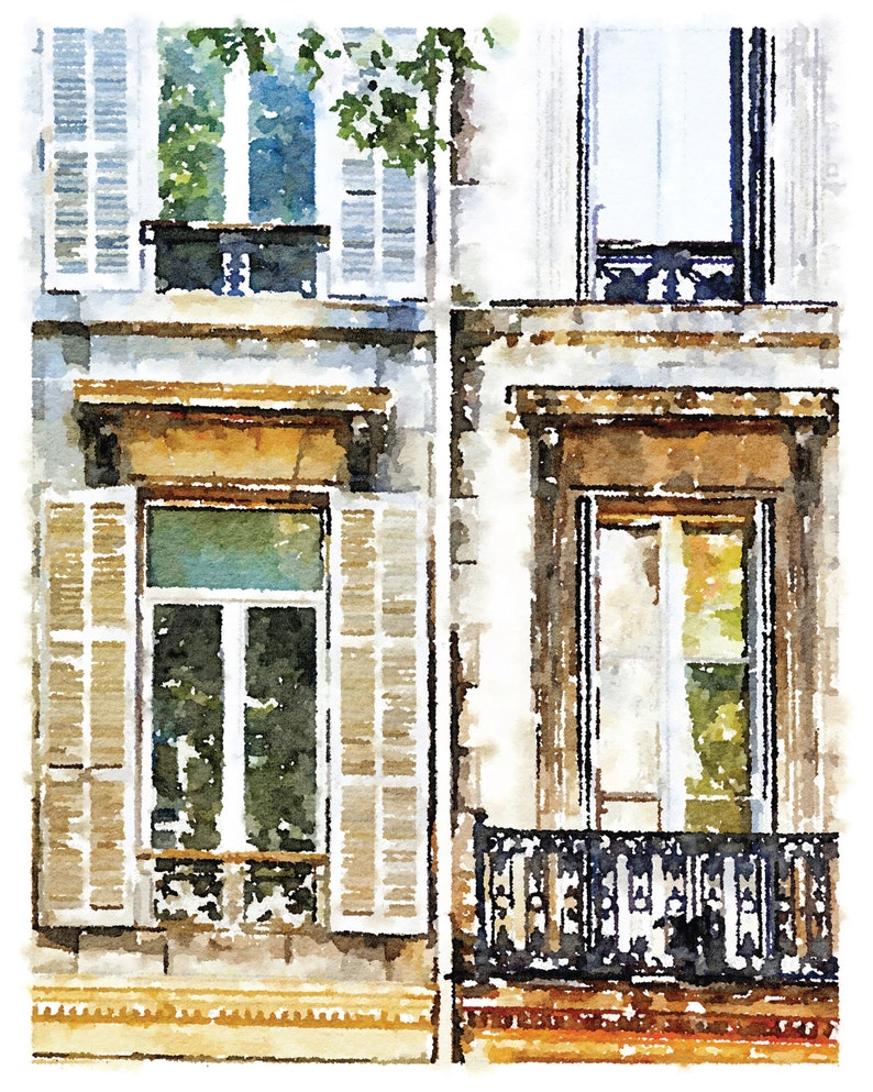 Puede incluir: Una pintura de acuarela de dos ventanas con contraventanas blancas en un edificio. Las ventanas est&aacute;n abiertas y las contraventanas est&aacute;n cerradas. El edificio est&aacute; pintado en tonos de marr&oacute;n y beige.